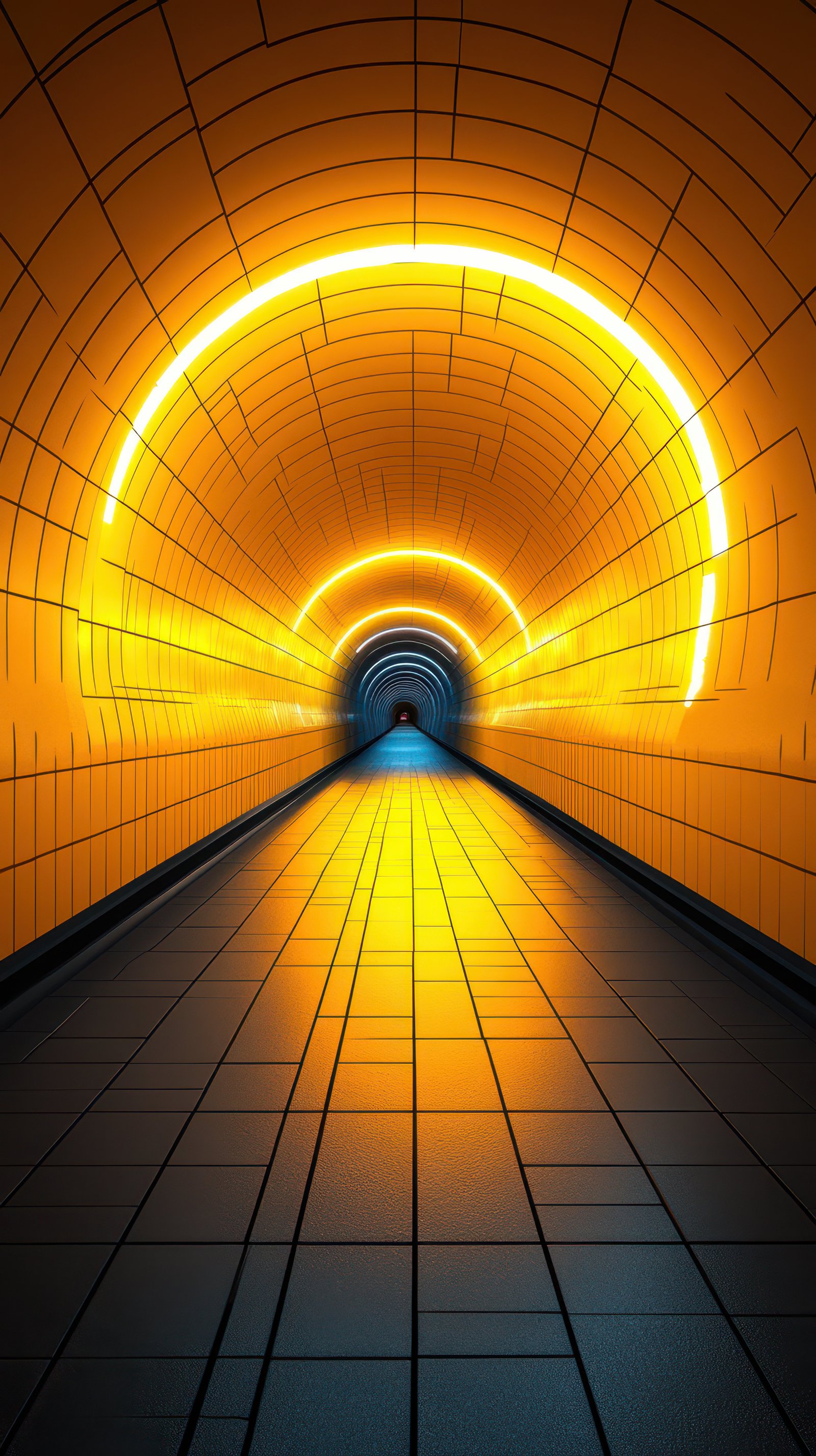 Brightly lit tunnel with glowing curves in urban setting during evening hours